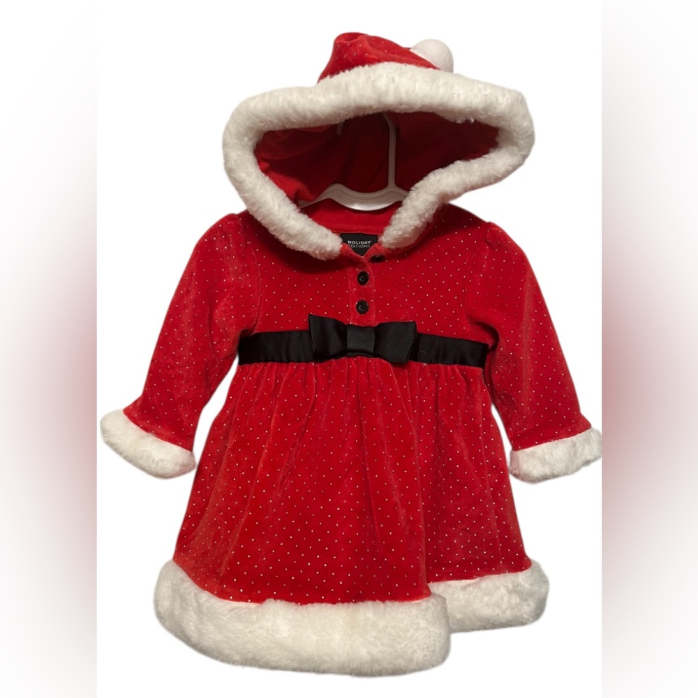 HOLIDAY EDITION Baby Girl Santa Claus Red Velour Hooded Dress Faux Fur Trim 6/9M